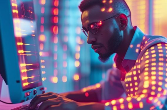 use exact colors and aniamtion and generate a picture suitable for Seamless Testing, Launch Excellence & Support for a software company make it look like a man is working in front of computer